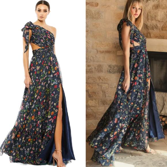 Mac Duggal Dresses & Skirts - MAC DUGGAL Navy One Shoulder Cutout Floral Gown Floral Prom Formal Dress Size 0